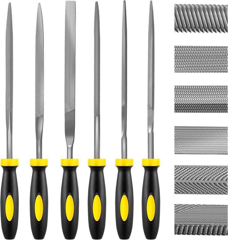 Warmtree 6 Piece Metal Needle File Set - 4-inch,Carbon Steel Files for Metal, Wood & Jewelry | Includes Flat, Warding, Square, Triangular, Round, and Half-Round Files - Image 1